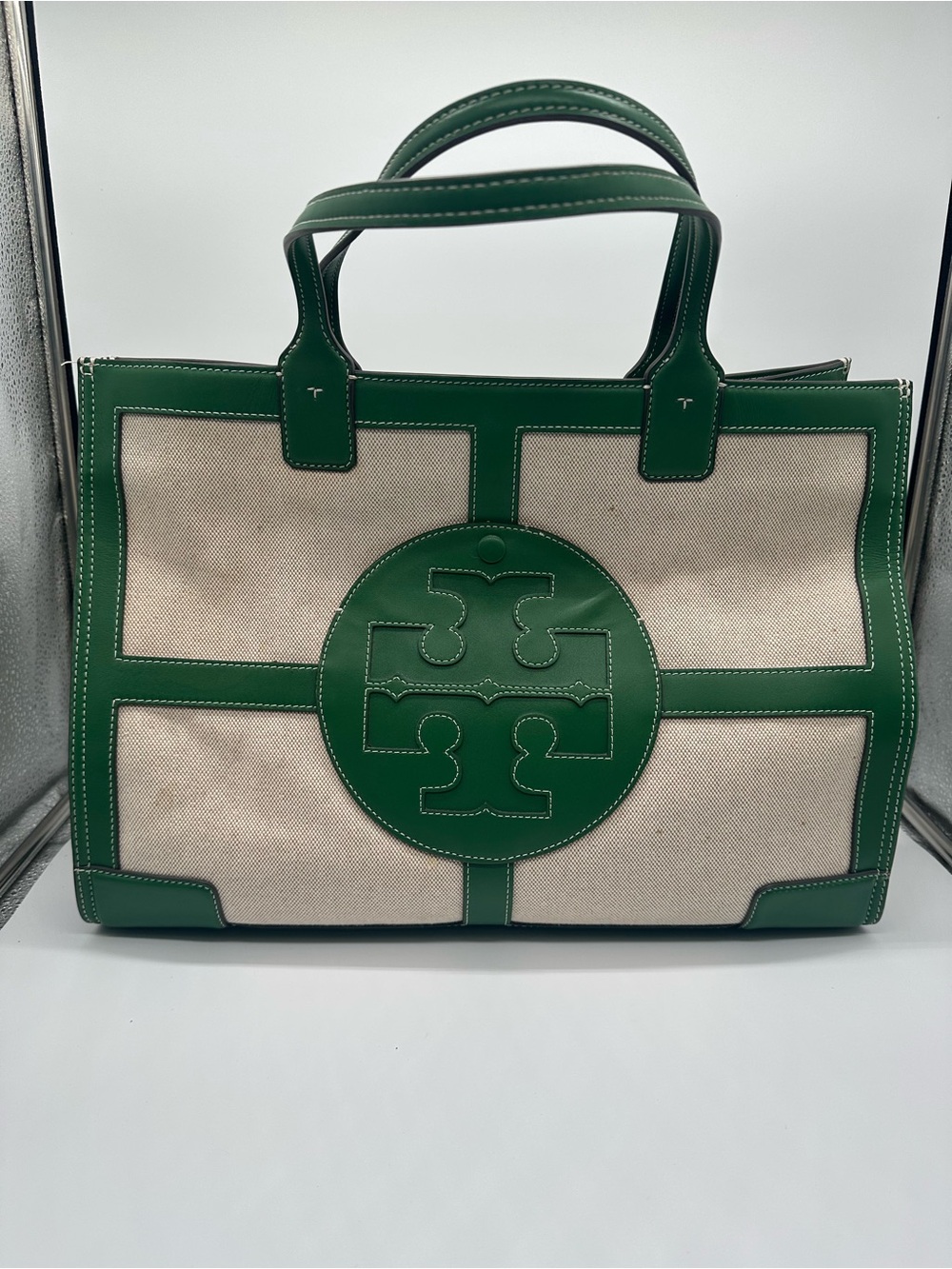 Tory Burch Green Trim Canvas Tote Bag